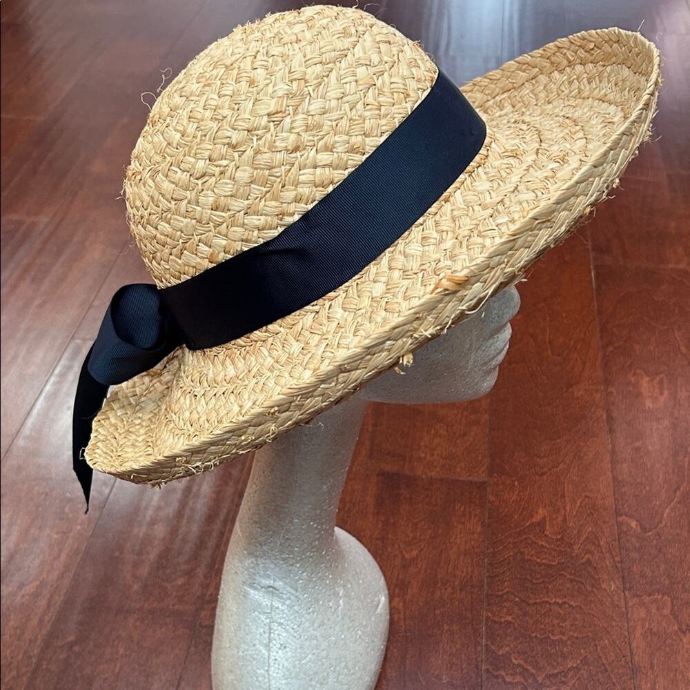 American Hat Company 100% Natural Straw Hat with Navy Ribbon Bow - Picture 4 of 16